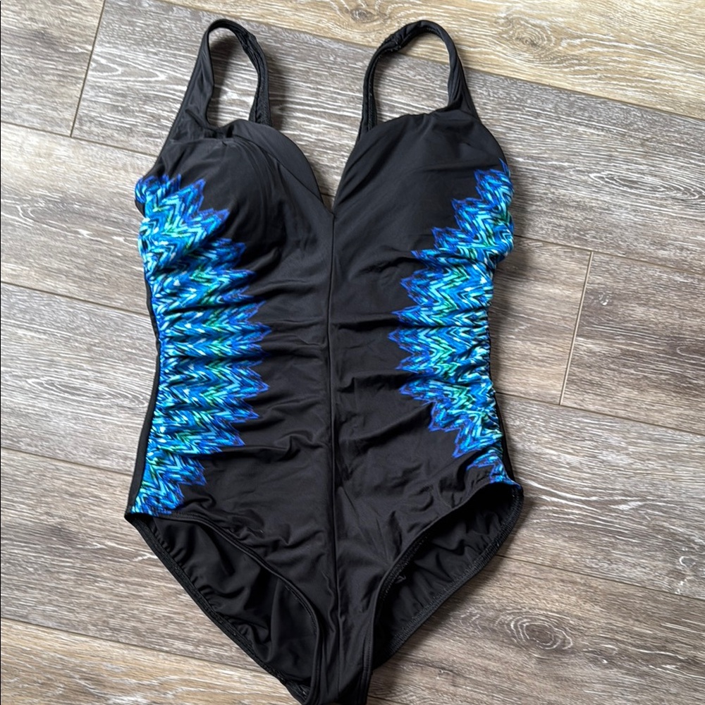 Miracle Suit. Black and Blue One Piece Swimsuit